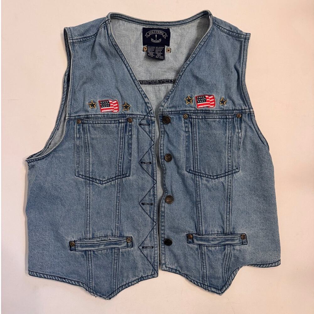 Vtg 90s Solutions Denim Button Vest Stars/Flags Women's Sz L